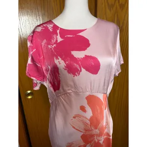 Anthropologie Pink Floral Short Sleeve Maxi Slip Dress Side Slit Tropical thumbnail 3