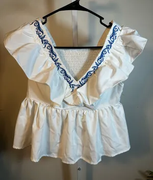 X77. Exquisite Women’s White Ruffle Peplum Top with Blue Embroidery thumbnail 1