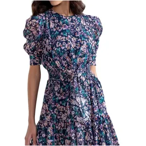 Shoshanna Floral Print Mini Dress Short Sleeve Tie Waist Purple Blue Size 14‎ thumbnail 2