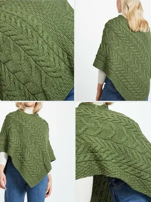 Aran Sweater Market Green Super Soft 100% Merino Wool Cable Knit Poncho thumbnail 2