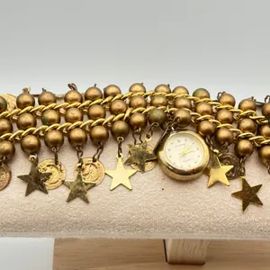 Vintage Enmex‎ Quartz Charm Bracelet Watch – Gold Tone Stars & Coins Boho thumbnail 6
