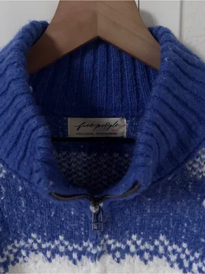 Free People Mythical Knit Sweater Printed Hearts Zip Blue Yellow Combo thumbnail 6
