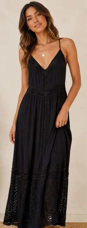 Abercrombie & Fitch Boho Cottagecore‎ Crochet Lace Maxi Dress Black Large thumbnail 1