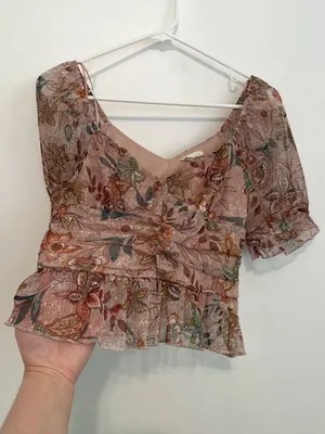 MERAKI Mauve Pink Floral Mesh Ruched Short Sleeve Puff Sleeve Crop Top Blouse L thumbnail 9