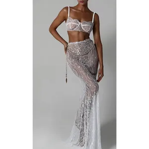 Women 2Pcs Lingerie Set Lace Bra & Maxi Skirt White L thumbnail 3