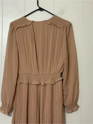Böhme Pleated Midi Dress Long Sleeve Taupe Smocked Waist Boho Modest Size S thumbnail 11