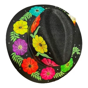 HAT MEXICAN Artisanal Hand Painted Fedora Floral Sombrero Panama Bohemian Black thumbnail 4