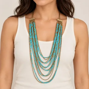 Turquoise Blue Seed Bead Layered Multi Strand Necklace Gold Tone Boho Statement thumbnail 6