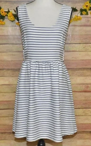 Lauren Conrad Sun Dress Navy Nautical Cross Back Size L Fit & Flare Preppy Lined thumbnail 1