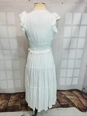 Express White Gauze Plunge V-Neck Smocked Flutter Sleeve Midi Dress Size Small thumbnail 5