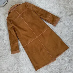 Stradivarius Women’s Faux Suede Teddy Shearling Long Coat Jacket in Brown L thumbnail 6