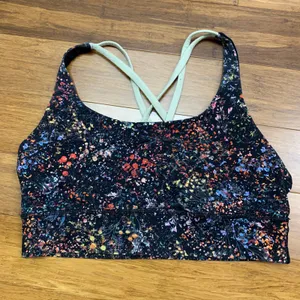 Lululemon Energy Cross Back Sports Bra Black Rainbow Floral Print Womens Size 10 thumbnail 1