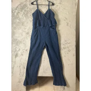 Anthropologie‎ Ett:twa Striped Denim Peplum Jumpsuit Wide Leg Blue Pinstripe LG thumbnail 2