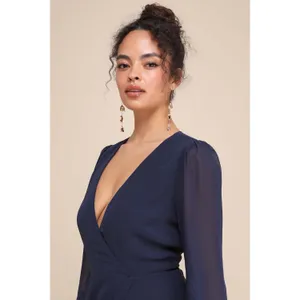 Lulus My Whole Heart Dark Navy Blue Long Sleeve Wrap Dress Chiffon Medium NWT thumbnail 4