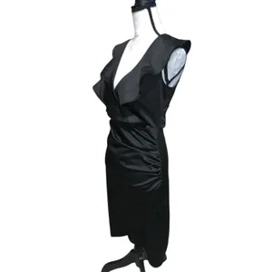 Women's V Neck Ruffle and Trim Wrap Hem Cap Sleeve Bodycon Midi Dress Satin Black thumbnail 4