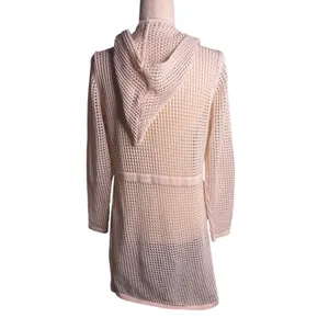 Cream Open Crochet Knit Hooded Long Cardigan Sweater Size M Boho thumbnail 3