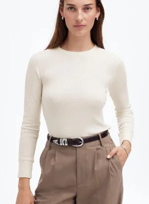 NWT Madewell Ribbed Crewneck Long-Sleeve Tee Cream Size L thumbnail 1