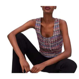 Zara Tweed Crop Tank Top Womens Medium Multicolor Plaid Button Front Square Neck thumbnail 2