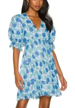 Saylor Womens Tiered Mini Dress Small Milkmaid Cottage Romantic Puff Sleeve Blue thumbnail 1
