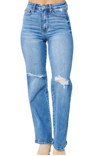 Judy blue straight leg blue jeans tummy control knee distress ripped size 25 thumbnail 2