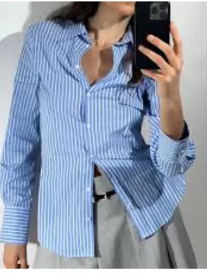 Zara Fitted Poplin Style Button Down Long Sleeve Pin Stripe Shirt Women’s Size M thumbnail 1