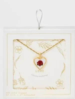 Target Love Blooms Endlessly 14K Gold Dipped Heart Necklace with Red Rose 16” thumbnail 1
