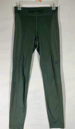 Nike Pro Athletic Leggings With Sparkle‎ Mesh Panels M Olive Green New A46 thumbnail 1