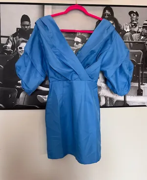 Showpo Blue Puff Sleeve Wrap Mini Dress – Size US 2 thumbnail 2