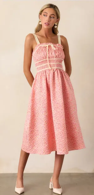 Entro Always A Romantic Coral Floral Jacquard Midi Dress Pockets Size Large‎ thumbnail 1