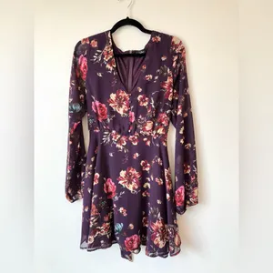 Lulus Always Yours Plum Purple Floral Print Long Sleeve Skater Dress Size L thumbnail 3
