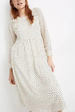 Madewell Smocked Ruffle-Shoulder Midi Dress in Inkbrush Dots‎ Size M thumbnail 1
