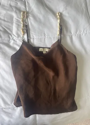 Brown satin cowl top with shell straps thumbnail 1