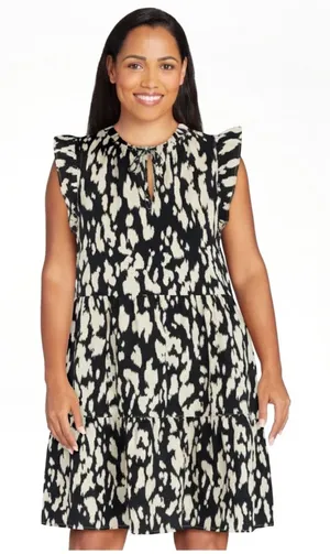 Black Cream Abstract‎ Print Dress Tiered Flutter Sleeve M NWT Summer Spring thumbnail 1