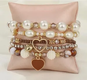 Boho Pearl & Crystal Heart Charm Bracelet Stack (5 Pieces) Gold thumbnail 1