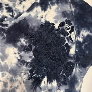 Sonoma Navy Blue and White Tie-Dye V-Neck Tee Boho Boxy SZ L 100% Cotton thumbnail 3