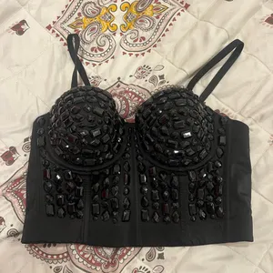 Rhinestone Black Beaded corset Bustier Top Size L thumbnail 1