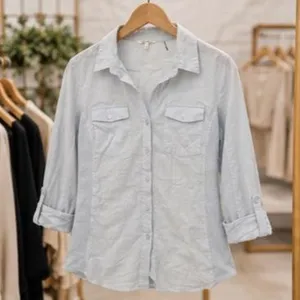 Light Blue Pinstripe Button Up Shirt Roll Sleeve Relaxed Fit Coastal Casual L thumbnail 6