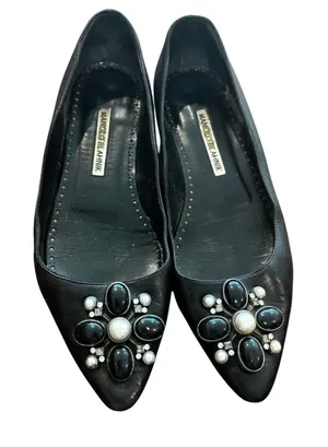 Vintage Y2K Manolo Blahnik Flats 37.5 Black Leather Embellished Cabochon‎ Pearl thumbnail 1