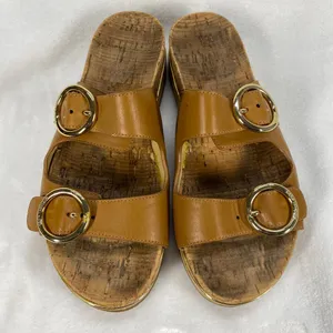 Michael Kors‎ Tan Leather Double Buckle Cork Platform Sandals Slides Sz 7-flaw thumbnail 8