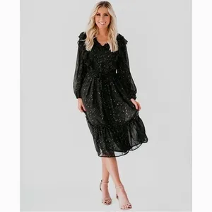 BY THE RIVER Chiffon Midi Dress Ruffled Black Gold Stars Party Glam Star Small‎ thumbnail 11