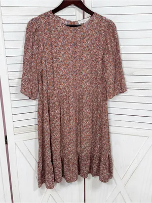 Loft Ditsy Floral Print Tiered‎ Babydoll Dress Rust Orange 12 Boho Cottagecore thumbnail 8