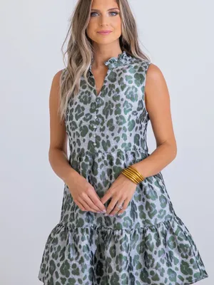 NWOT Karlie Green Leopard Tiered Tapestry Mini Dress Size Medium thumbnail 2