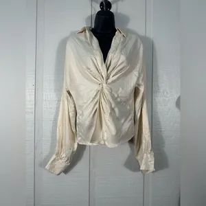 Topshop Knot Front Ivory Satin Long Sleeve V Neck Top Size 4 NWT thumbnail 2
