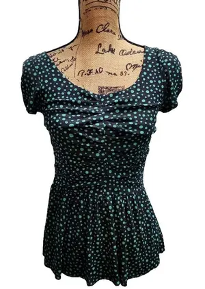 Anthropologie Polka Dot Top‎ Ruched Blouse Short Sleeve Fitted Flared Hem Small thumbnail 1