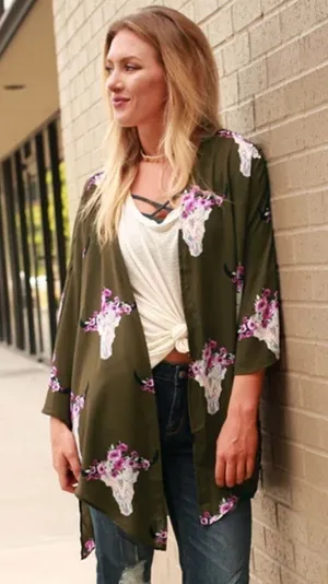 PEACH Love green Texas longhorn floral print kimono size small thumbnail 1