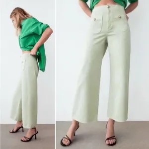 Zara Wide Leg Cropped Jeans Gold Button Front Pockets in Mint Green 4 thumbnail 2