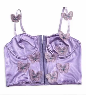 Purple satin corset top with butterfly embroidery - Small thumbnail 1