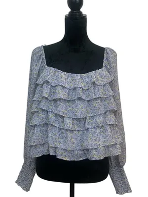 Astr‎ Women's L Floral Ruffled Blouse Light Blue Cropped Long Sleeves Peasant thumbnail 1