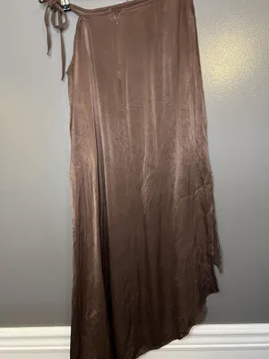 LPA Skirt Womens Medium Brown Satin Wrap Asymmetrical High Low Hem Long Lined thumbnail 4