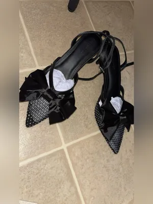 Black Studded Pointed Slingback Heels with Satin Bow Size 8.5 thumbnail 5